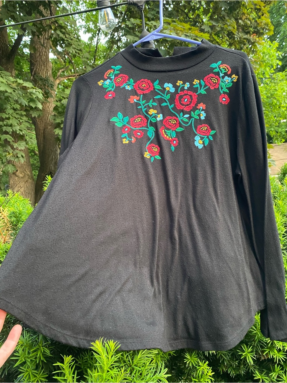 Black Loft Long-Bell Sleeve Top with Red Floral Embroidery